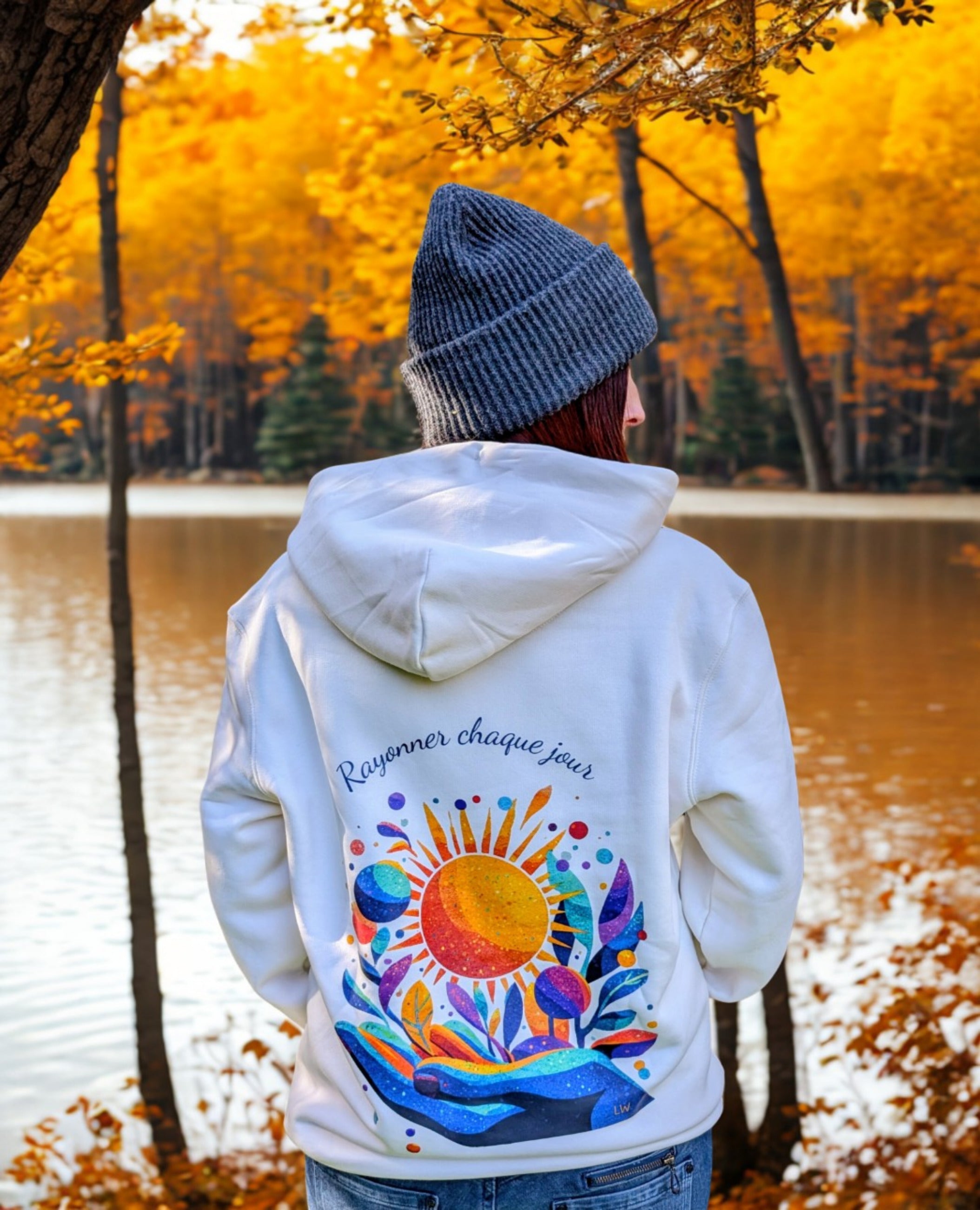 Sweat à capuche Ivoire - Rayonner chaque jour - Texte bleu